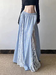 Lunivop Lace Patchwork Plaid Long Skirts Women Vintage Loose Sexy A Line Skirt French Retro Elegant Lady Design Sweet Casual Skirt