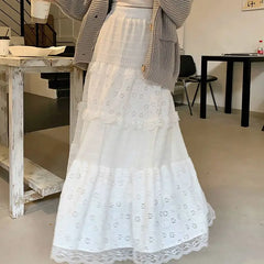Lunivop Sweet White Lace Cake Skirt for Women Y2k E-Girl High Waist A-line Skirts 2025 Spring New Mid-length Loose Faldas Largas