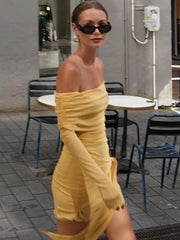 Lunivop Sexy Off Shoulder Bandage Women Dress Green Long Sleeve High Waist Ruched Dress Femme Summer Slim Elegant Party Clubwear