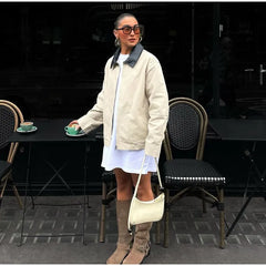 Lunivop Panelled Polo Turn-down Collar Jackets Women Casual Loose Zipper Long Sleeved Jacket Female Autumn Chic High Street Outwear Tops