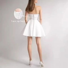 Lunivop White Simple Wedding Party Evening Short Satin A Line Strapless Mini Length Bridesmaid Dresses Prom Homecoming Cocktail Lace Up