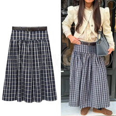 Lunivop With Belt Long Skirts For Women Fashion New Vintage Plaid Midi Skirt High Street Casual Pleated Chic Midi Skirts Mujer 