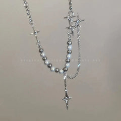 Lunivop Kpop Zircon Cross Star Beaded Necklace Men Imitation Pearl Star Pendant Necklaces Y2K Hiphop Star Tassel Choker Necklace Unisex