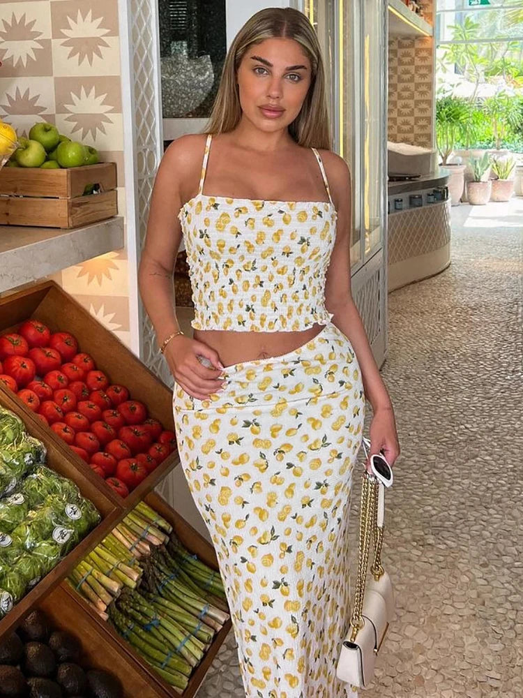 Lunivop Sexy Backless Print Floral Women Skirt Suit Yellow Sapghetti StrapTop Long Skirt Set Summer Skinny Casual Two Piece Sets