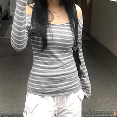 Lunivop Autumn And Winter New Casual Striped Print Shoulder Design Long-Sleeved Top Y2k Millenial Style Lightweight Knitwear