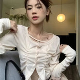 Lunivop Solid Tshirts Long Sleeve Slim Waist Y2k Korean Camisetas Irregular Drawstring Women Crop Tops Folds Tees O Neck Bandage Elegant