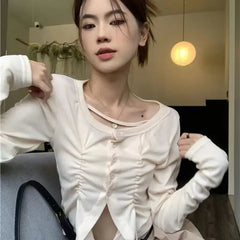Lunivop Solid Tshirts Long Sleeve Slim Waist Y2k Korean Camisetas Irregular Drawstring Women Crop Tops Folds Tees O Neck Bandage Elegant