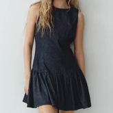 Lunivop Sexy O collar Denim Mini Tank Dress Women Backelss Low Waist Lined Ruched Hem Swing Sleeveless Dresses Summer Robe Vestidos