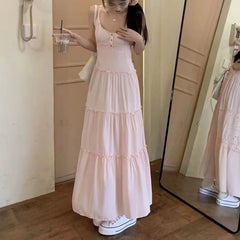 Lunivop Pink Cute Midi Dresse Sweet Ruffle Casual Elegant Chic Beach Long Spaghetti Strap Button Holiday Gentle Dress Fairycore