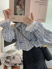 Lunivop Sweet Bow Hollow Out Shirt Women Long Sleeve Lace Patchwork Blouse Korean Cropped Fashion Elegant Female Design Plaid Tops