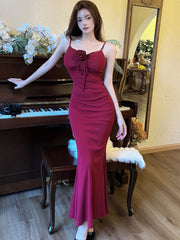 Lunivop Women New Red Sexy Bow Flower Sling Long Dress Summer Elegant Ruffled Luxury Dress 2025 Korean Vintage Bodycon Dance Party Dress