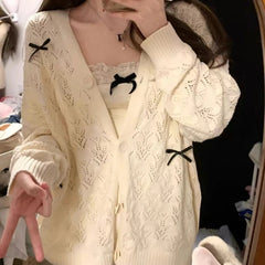 Lunivop Coquette Cardigan Sweater Woman Kawaii Bow Hollow Out Knitted Tops Korean Fashion Sweet Preppy Cute Aesthetic Solid
