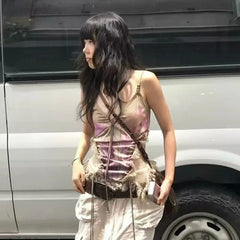 Lunivop Gothic Tank Tops Women Sleeveless Tie Dye Y2k Vintage Crop Tops Streetwear 2000s Japanese Lace Up Camis E-girls Summer