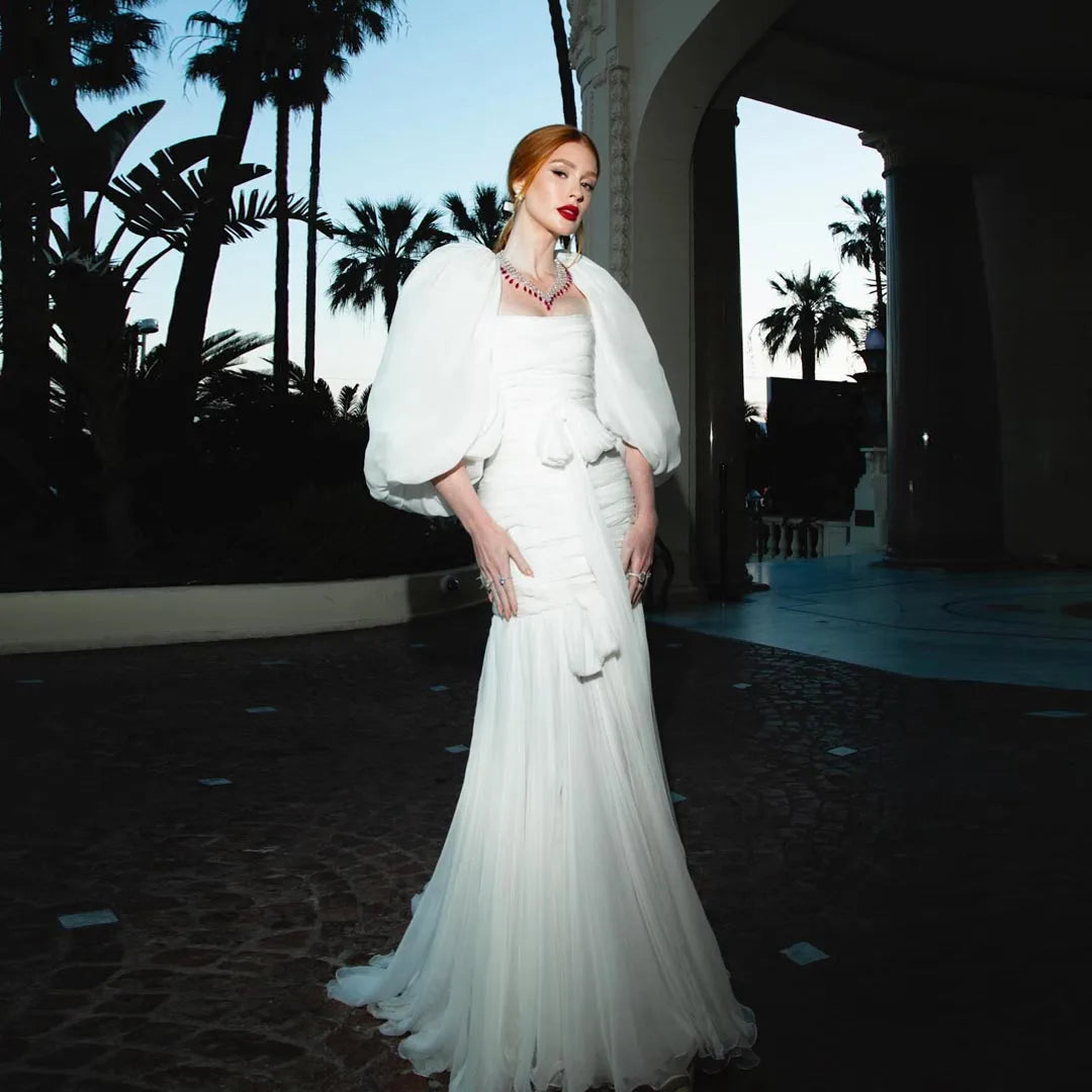 Lunivop High Split Crepe Long A-line Wedding Dress For Women Puff Sleeve Bride Beach Scoop Neck Chiffon Mermaid Bridal Gowns Customized