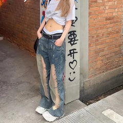 Lunivop High Street Hollow Mesh Patchwork Casual Jeans Women Summer New High Waist Distressed Washed Denim Wide Leg Pants