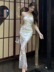 Lunivop Sexy Floral Strapless Womens Dresses Mesh Patchwork Sleeveless Bodycon Evening Party Dress Elegant Gown Prom Formal Clothes New