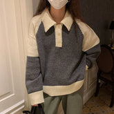 Lunivop Sweater Preppy Style Y2k Sueter Mujer Turn Down Collar Vintage Contrast Color Pullovers Women Patchwork Knitted Korean