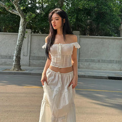 Lunivop Y2K Off The Shoulder Ruched Crop Top Long Skirt Women'S Sets Summer Casual Elegant Ladies 2024 Korean Popular Clothes