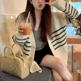 Lunivop Women Cardigan Sweater Striped V-neck Button-up Sweater Jacket Comfy Cozy Slouchy Cardi Autumn Winter Casual Outfit