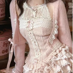 Lunivop Mesh Patchwork Bow Slim Fit Sleeveless Vest Top for Women+ Fashion Sweet Ruched Cake Skirts 2025 Summer New Two Piece Sets