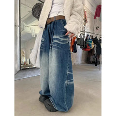 Lunivop Women's Retro Wide Leg Baggy Casual Denim Trouser Harajuku Washed High Waist Loose Jeans 2024 Autumn Blue 2000s Pants