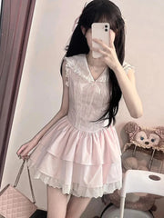 Lunivop Sweet Slim Pink Dress Women Cute Preppy Style Sailor Collar Mini Dress Casual Retro Japan Lace Patchwork Kawaii Cake Dress