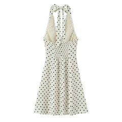 Lunivop Sexy Beige Polka Dot Spliced Lace Bow Halter V Collar Backless Mini Dress Women Elastic Zipper Back A-line Short Robe Holiday