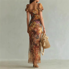Lunivop Floral Maxi Dress Woman Sexy Square Collar Ruched Split Bodycon Long Dress New Summer Puff Sleeve Ruffle Party Dress
