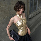 Lunivop Metallic Gold Halter Backless Bodysuit Tops Women Y2K Clothing Sexy Leotard Clubwear Rave Oufits One Piece Body Suit