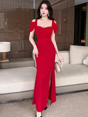 Lunivop Women Red Diamonds Square Collar Sexy Maxi Dress Summer Short Sleeve Elegant Festival Party Dress Korean Vintage Prom Dress
