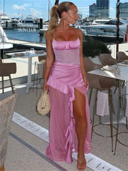 Lunivop Ruffled Patchwork Summer Long Dress For Women Backless Slim See-Through Halter Dresses Women's Spaghetti Maxi Dress 