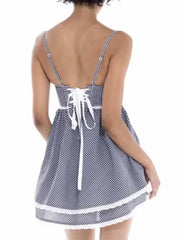 Lunivop Sexy Plaid Spliced Embroidery Lace Bra Corset style Mini Dress Women Bow Lacing up Backless Party Skater Sling Robe Holiday