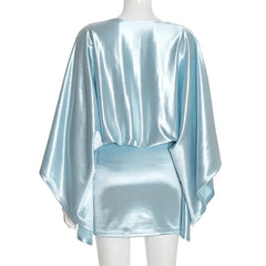 Lunivop Elegant Sexy Glossy Satin Mini Dress Women Silky V Neck Loose Batwing Sleeve Bodycon Party Outfits Night Clubwear Streetwear