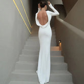 Lunivop Women Elegant Sexy Draped Metal Chain Backless Bodycon Maxi Party Dress Evening Gown Full Sleeve Slim Banquet Long Robe Vestidos