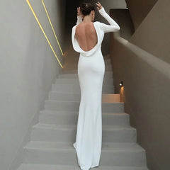 Lunivop Women Elegant Sexy Draped Metal Chain Backless Bodycon Maxi Party Dress Evening Gown Full Sleeve Slim Banquet Long Robe Vestidos