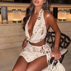 Lunivop Women Two Piece Skirt Set Sequined Beaded Flower Halterneck Backless Vest with Tie-up Mini Skirt Summer Party Outfit