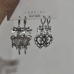 Lunivop New Fashion Silver Color Heart Bow Pendant Earrings set for Women Simple White Opal Heart Shaped Earrings Y2K Jewelry Gifts