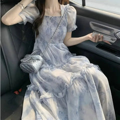Lunivop Women's Blue-Gray Floral Print Square Neck Puff Sleeve Smocked Tiered Ruffle Maxi Dress Sheer Chiffon Summer Fairy Casual Dress