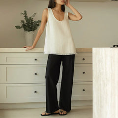 Lunivop Chic Fashion 80% Ramie Women Vest Tops Sleeveless O-neck Side-split Tassels Casual Basic Summer Tank Top Female Elegant Camis