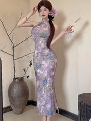 Lunivop Summer Purple Floral Stand Collar Cheongsam Dress Women Korean Luxury Elegant Dress Gown 2025 Vintage Bodycon Party Night Dress