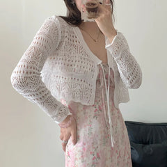 Lunivop Tie Front Crop Cardigan Long Sleeve Pointelle Knit Openwork Shrug Jacket Women Teen-girl Spring Summer Fairycore Outfit