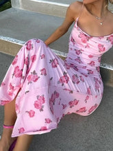 Lunivop Women's Pink Rose Print Slip Maxi Dress Cowl Neck Spaghetti Strap Ruched Bodycon Sundress Summer New Lady Daily Streetwear