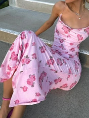Lunivop Women's Pink Rose Print Slip Maxi Dress Cowl Neck Spaghetti Strap Ruched Bodycon Sundress Summer New Lady Daily Streetwear