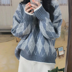 Lunivop Blue & Grey Argyle Sweater Women Crew Neck Long Sleeve Pullovers Jumper Shcoolgirl Fall Winter Preppy Style Outfit