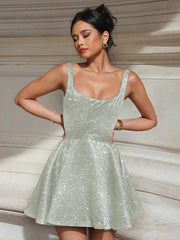 Lunivop Glitter Bright Silk Sparkling Women Dress Silver Spaghetti Strap A-line Dress Femme Autumn Skinny Elegant Party Clubwear