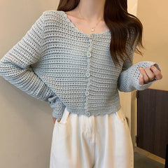 Lunivop Women Button Up Short Cardigan Knitted Shirt Hollow Out Crochet Crop Top Long Sleeved Thin Cover Up Teen-girl Casual Outfit