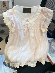 Lunivop Women Cute Striped Shirt Vintage Sweet Lace Bow Flying Sleeve Kawaii Blouse Casual Summer Peter Pan Collar Lady Design Tops