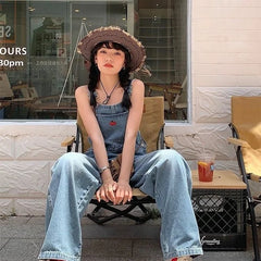 Lunivop Cherry Embroidered Jean Jumpsuits Women New Vintage Baggy Denim Overalls High Street Straight Loose Wide-leg Pants Female