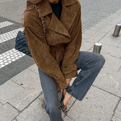 Lunivop BKLD Fashion Autumn Women's Suede Coat Long Sleeve Belted Ruched Double-breasted Lapel Retro Suit Jackets Casual Streetwear