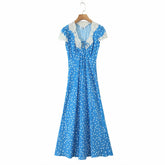 no Lunivop Women Retro French Style Blue Polka Dot Spliced Lace Bow V neck Short Sleeve Dress Summer Maxi Long Dresses Robe Femme Vestidos